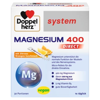 Abbildung der Produktverpackung Doppelherz system MAGNESIUM 400 DIRECT Frontansicht